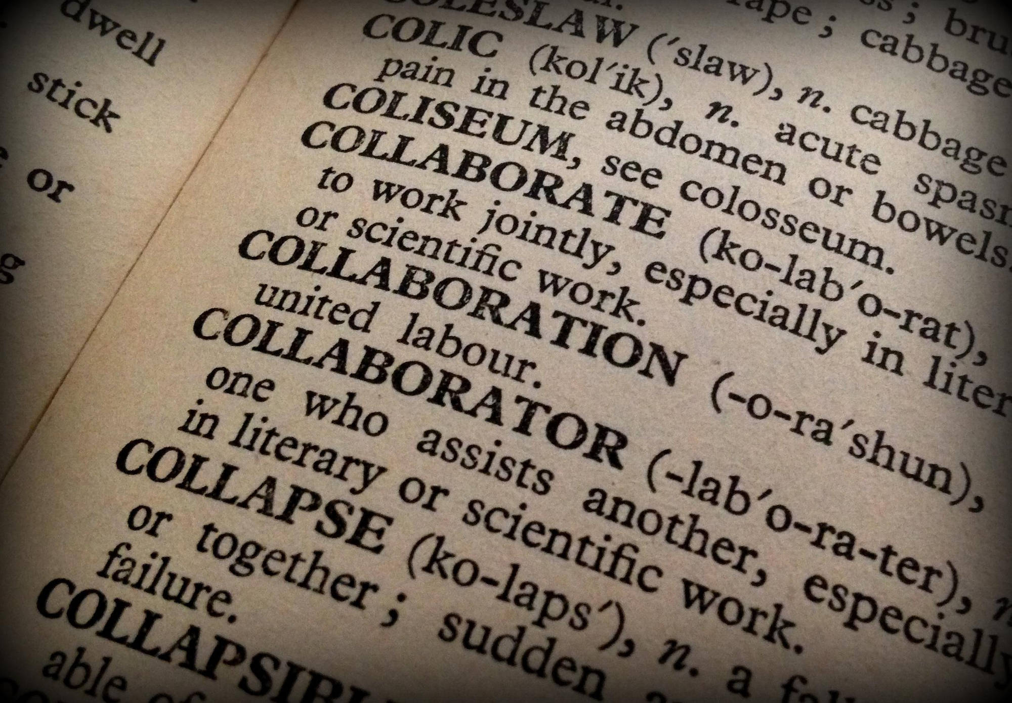definition of the words collaboration and collaborator on a dictionary page