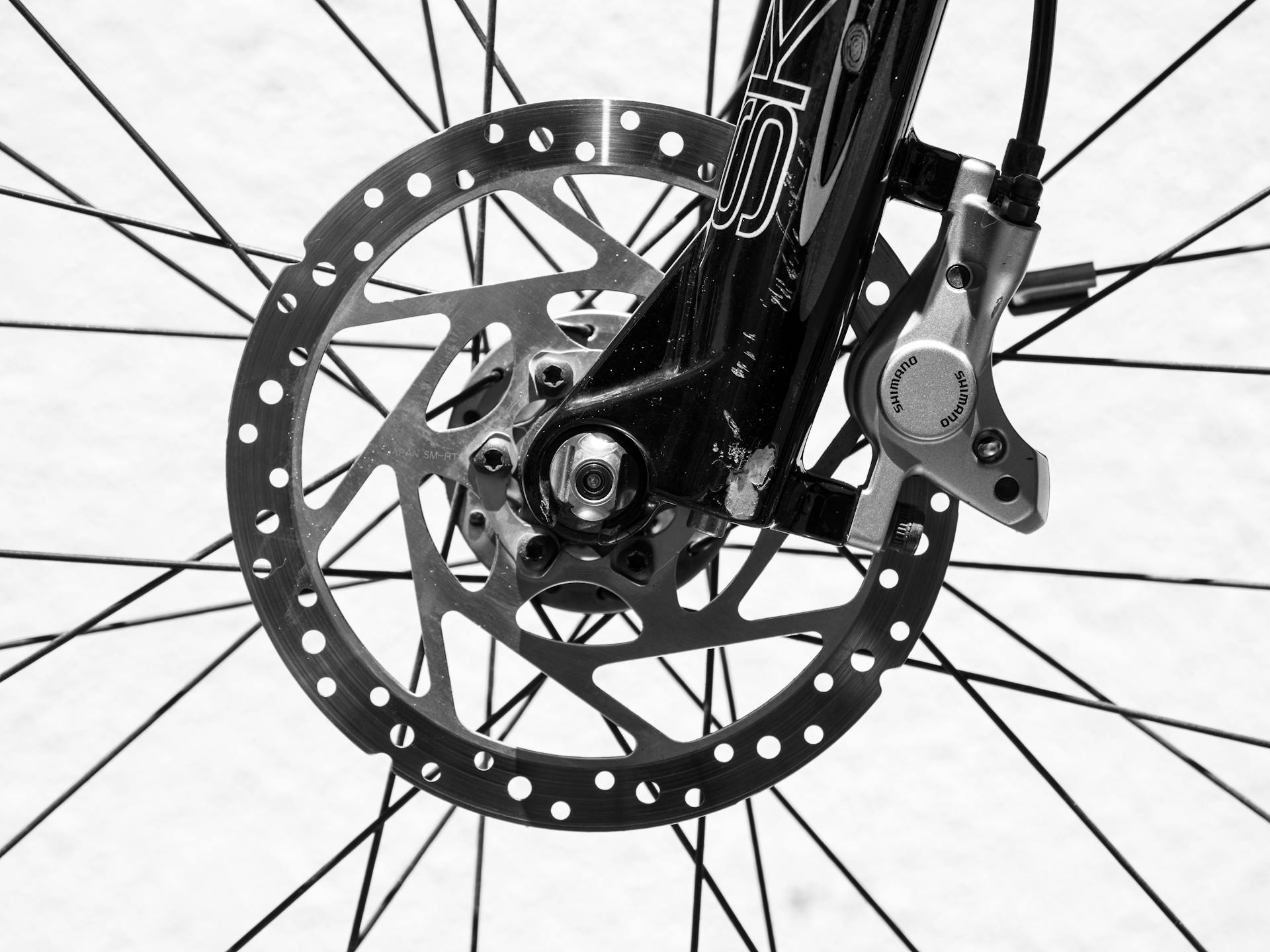 a bicycle brake disc with the spokes of a wheel