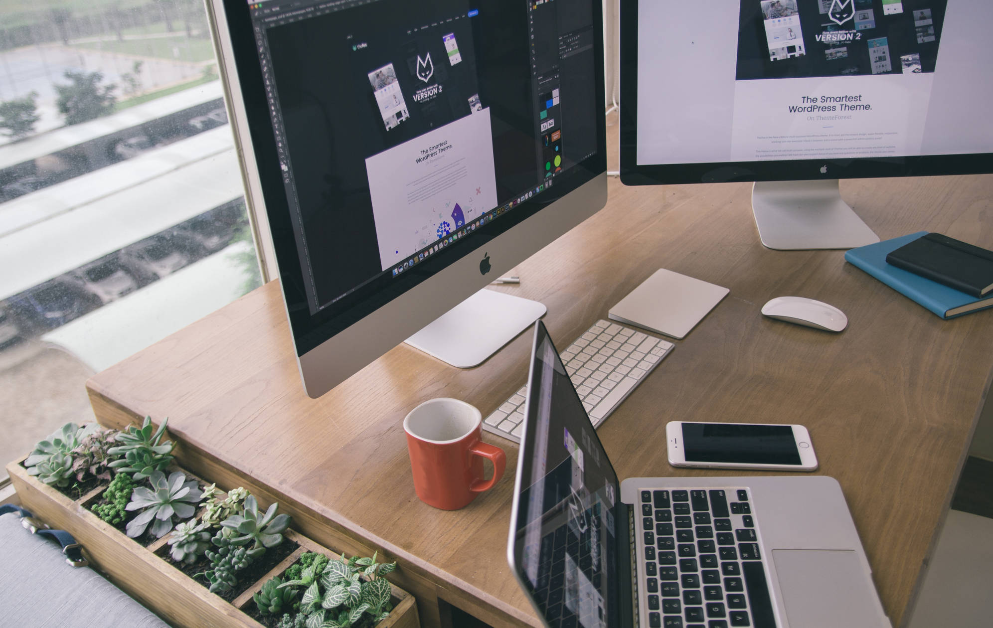 picture of a desk with screens and a laptop, accessories, plants and a cup of coffee